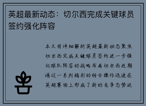 英超最新动态:切尔西完成关键球员签约强化阵容 英超最新动态:切尔西完成关键球员签约强化阵容