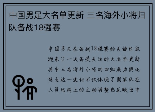 中国男足大名单更新 三名海外小将归队备战18强赛