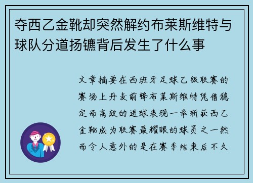 夺西乙金靴却突然解约布莱斯维特与球队分道扬镳背后发生了什么事 夺西乙金靴却突然解约布莱斯维特与球队分道扬镳背后发生了什么事