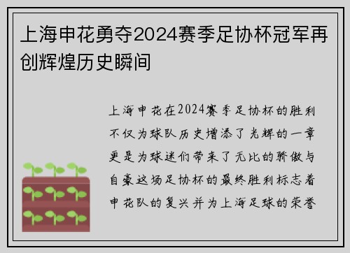 上海申花勇夺2024赛季足协杯冠军再创辉煌历史瞬间