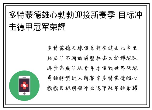 多特蒙德雄心勃勃迎接新赛季 目标冲击德甲冠军荣耀 多特蒙德雄心勃勃迎接新赛季 目标冲击德甲冠军荣耀