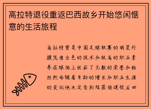 高拉特退役重返巴西故乡开始悠闲惬意的生活旅程